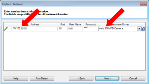 The Replace Hardware wizard window with the Address field and the Hardware Driver dropdown list.