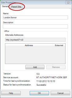 The Site Properties window with General and Parent Site tabs.