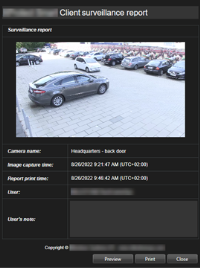 The Surveillance report window in XProtect Smart Client.