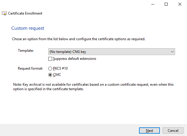 Keep the default CNG key template and choose the CMC request format. Then click next.