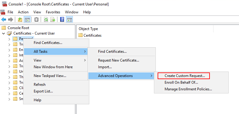 Right click Personal certificate store, choose All Tasks > Advanced Operations > Create Custom Request.