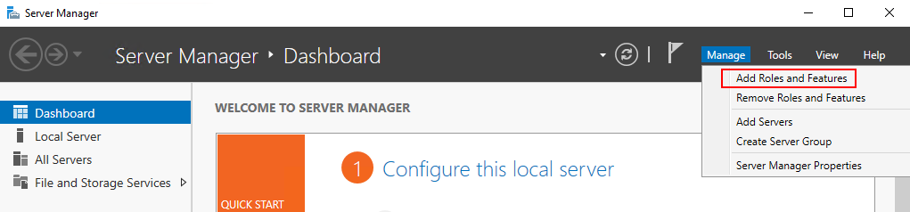 Open the Server Manager application and choose to add a new Role or Feature.