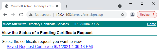 Click the link with a date and time that matches the date and time that the certificate request was submitted. 