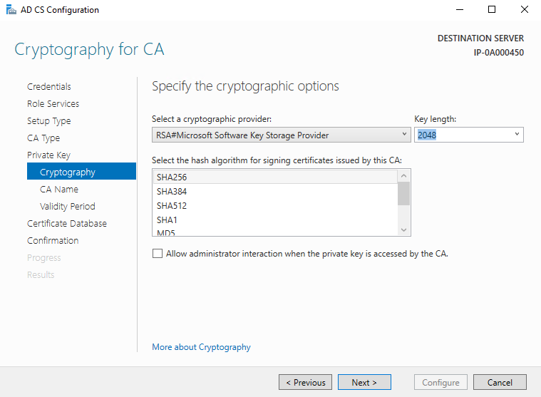 Choose the default options for CA cryptography.