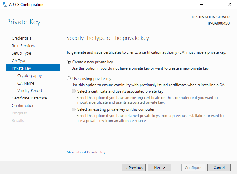 Select the option to create a new Private Key.