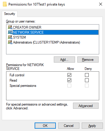 Add permission for NETWORK SERVICE to use certs