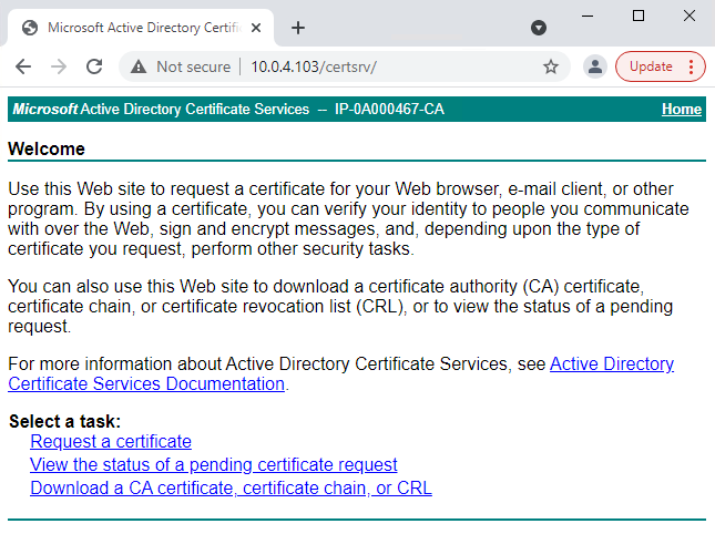 Click the View the status of a pending certificate request link to download the issued certificate.