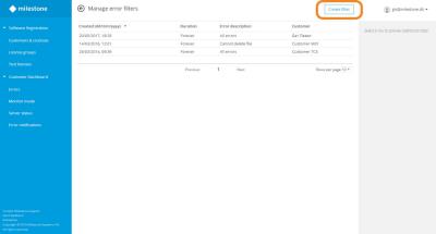 The Create filter button on  the Manage error filter page in Milestone Customer Dashboard.