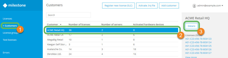 The Details button for editing a selected customer in Milestone Customer Dashboard.
