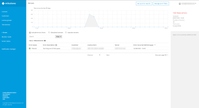 The list of filtered errors on the Errors page in Milestone Customer Dashboard.