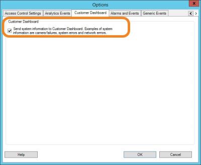 The Customer Dashboard page in the Options menu in the Management Client.
