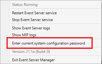 The contextual menu after a user right-clicked the Event Server Manager tray icon.