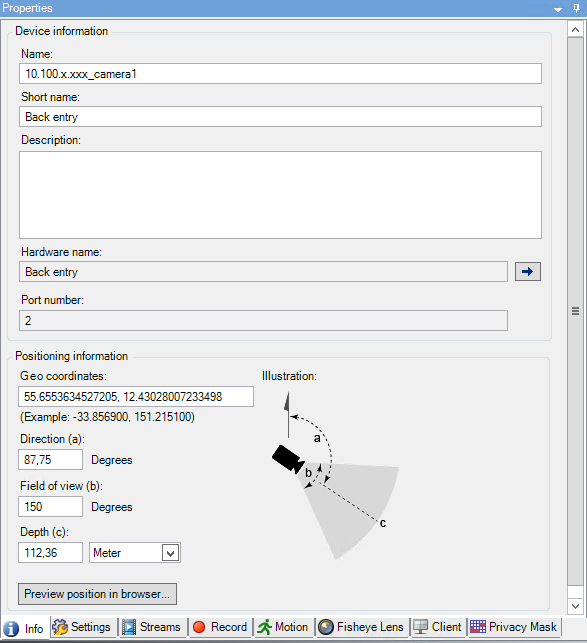 Define device position and camera direction, field of view, depth ...