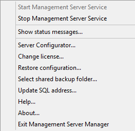 The contextual menu after a user right-clicked the Management Server Manager tray icon.
