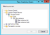 The Test Analytics Event window with a list of sample sources for events. 