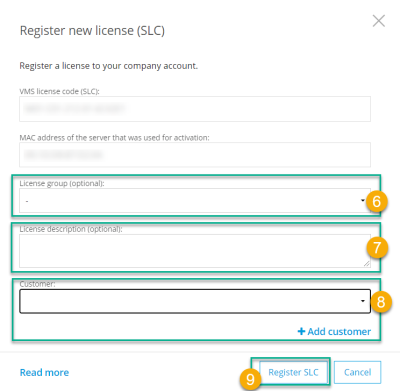 The Register new license window after an SLC and MAC address have been provided.