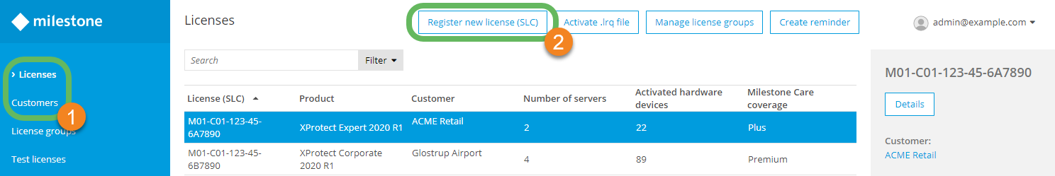 The licenses page in Milestone Customer Dashboard.
