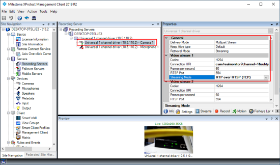 Recording server with the properties panel open