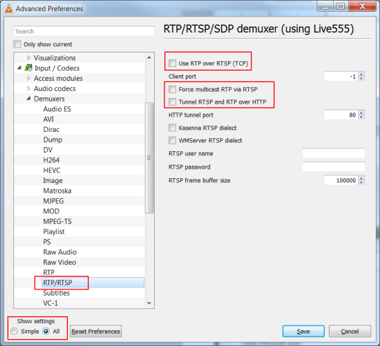 Advanced settings with RTP/RTSP settings highlighted