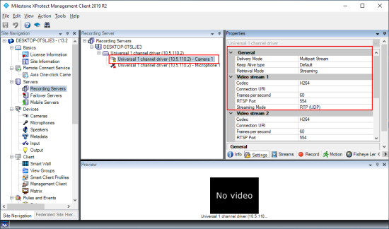 Recording server with the Properties panel open