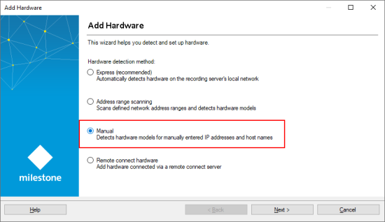 Add Hardware screen with Manual detection selected