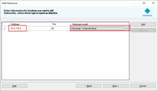 Universal driver selected as hardware model