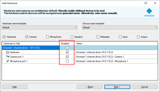 Hardware and Camera port with the Enabled checkbox selected