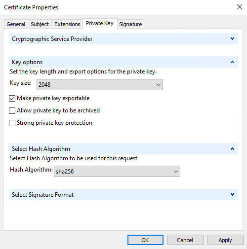 Certificate Properties window showing the Private Key tab and the selected properties.