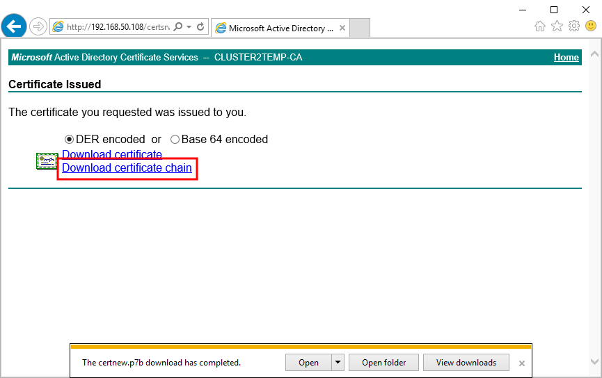 Choose to download the DER encoded certificate chain.