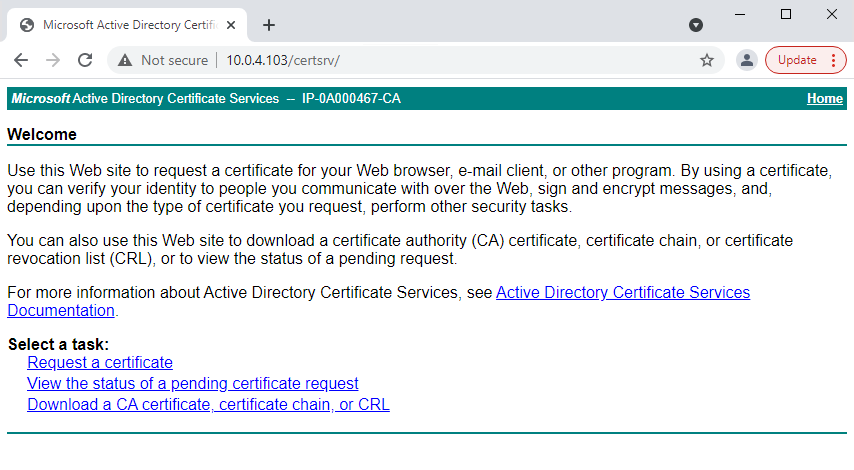 Internal CA site to upload our copied text from the .REQ file.