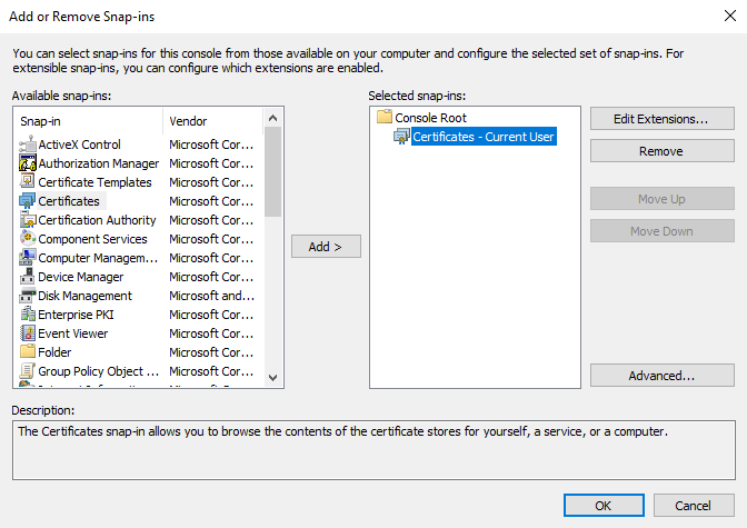Add the Certificates Snap-in object for the current user.