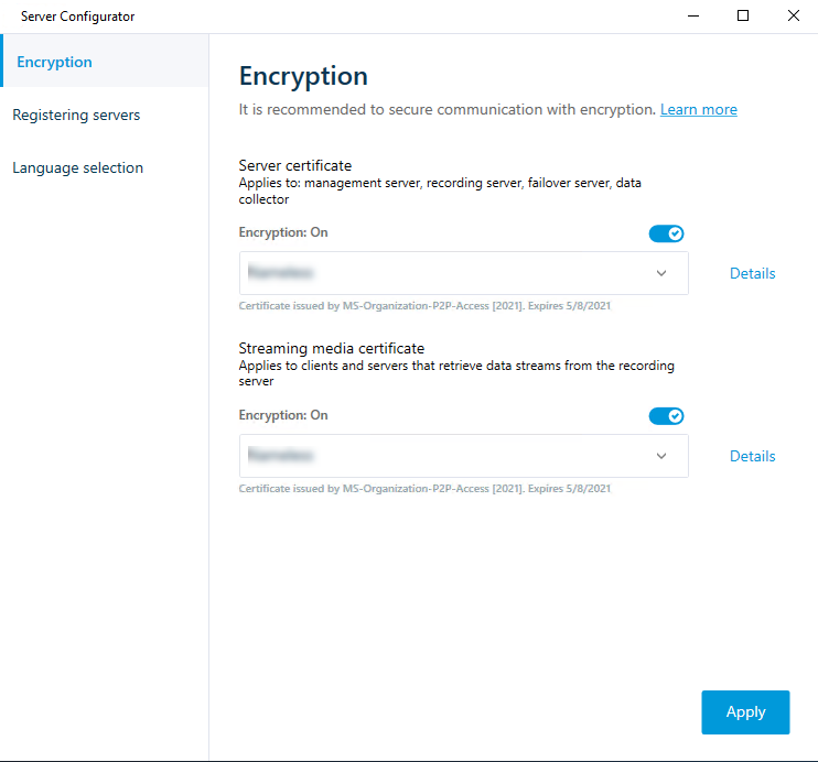 The encryption tab in the Server Configurator with enabled encryption and installed certificates.