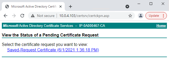 Click the link with a date and time that matches the date and time that the certificate request was submitted.
