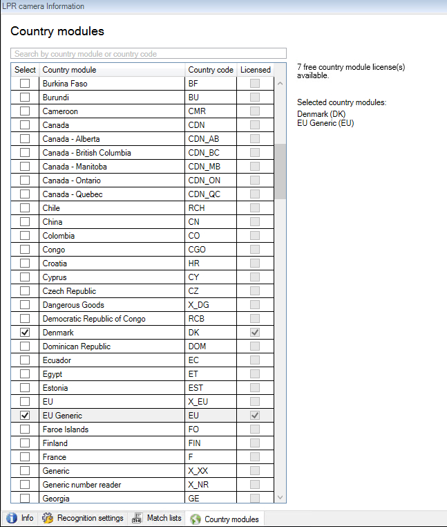Die Einstellungen für die Ländermodule im Fenster "Einstellungen" für LPR-Kameras.