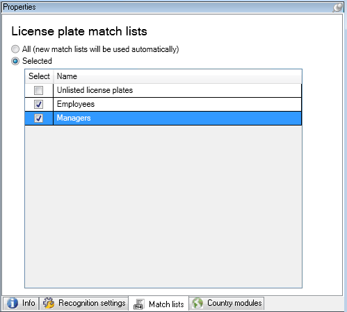 Ustawienia list pasujących w oknie Właściwości kamer LPR.