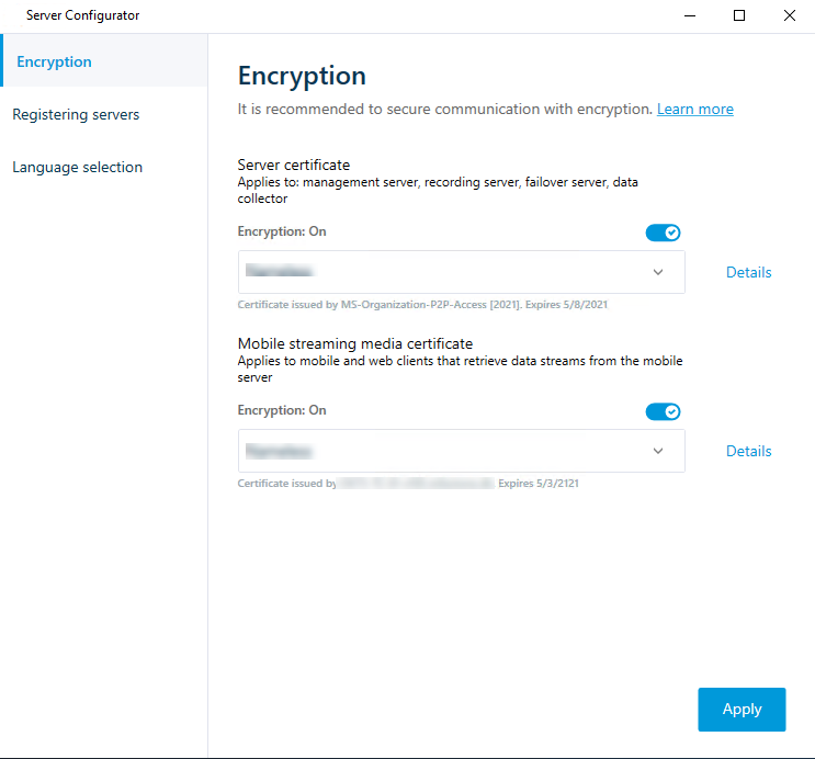 암호화가 활성화되고 인증서가 설치된 Server Configurator의 암호화 탭입니다.