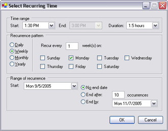 Vinduet Vælg tilbagevendende tidspunkt med eksempeldatoer.
