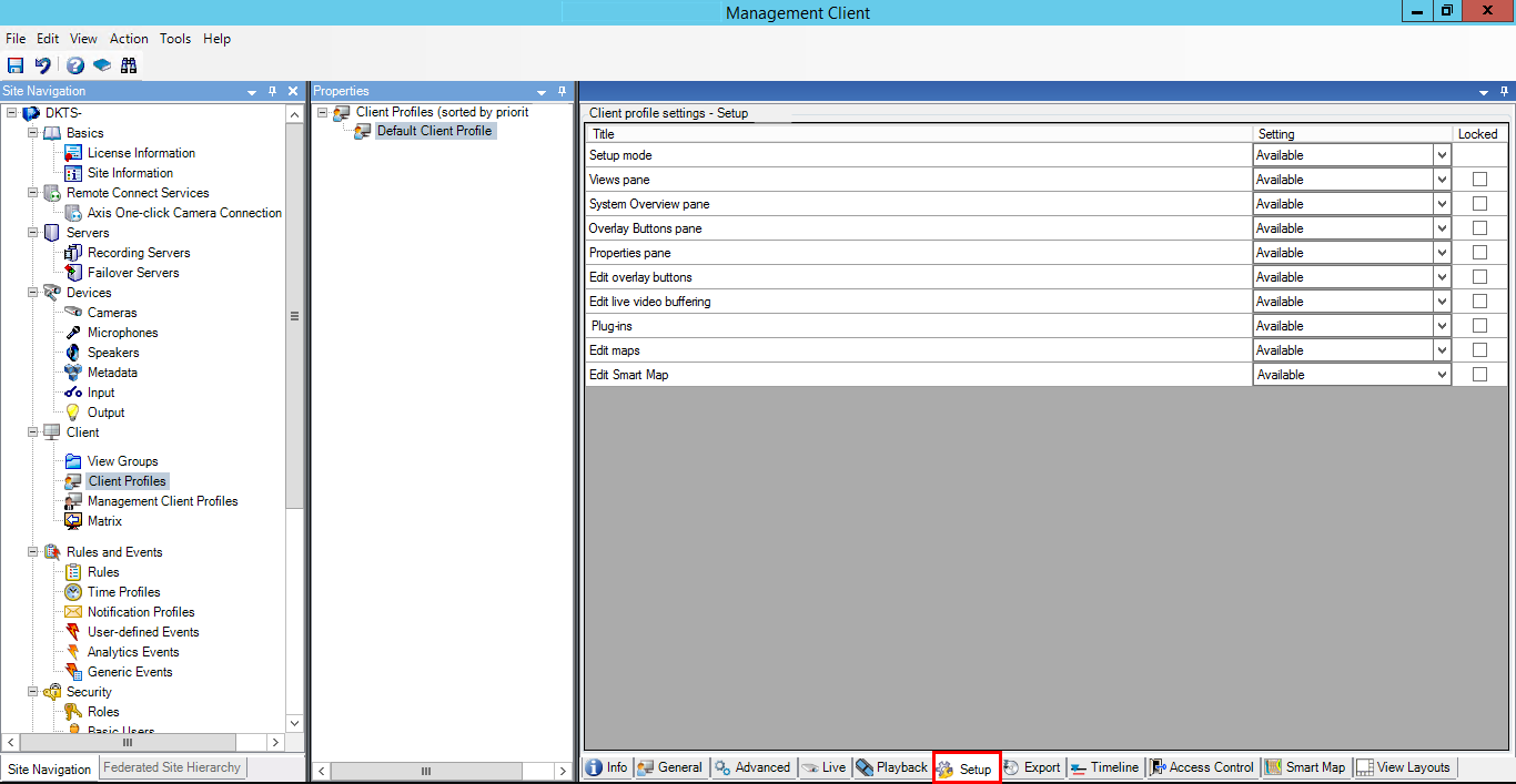 Client profile settings in the Setup tab.