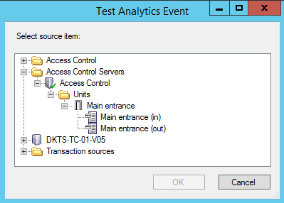 The Test Analytics Event window with a list of sample sources for events.