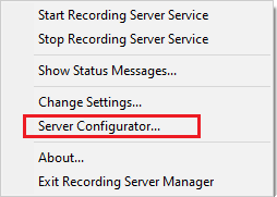 ユーザーがRecording Server Managerトレイアイコンを右クリックした後のコンテキストメニュー。