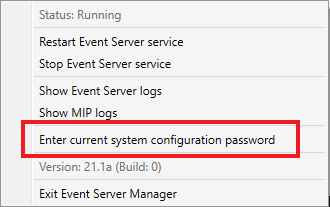 사용자가 Event Server Manager 트레이 아이콘을 마우스 오른쪽 버튼으로 클릭한 후의 상황별 메뉴입니다.
