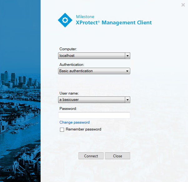 의 기본 사용자에 대한 로그인 XProtect Management Client창입니다.