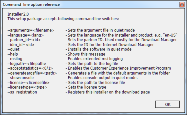 Janela de referência da opção da linha de comando Download Manager.