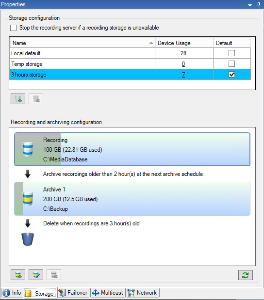 Configuração de armazenamento e arquivamento em Management Client.