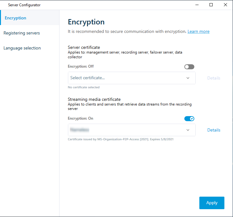 Fanen kryptering i Server Configurator med aktiveret kryptering til streaming af medier.