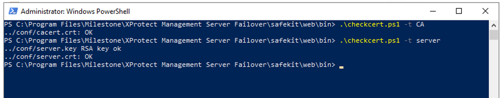 PowerShell showing successful validation of the CA and server certificates, with the CA certificate, server certificate, and server private key reported as OK.