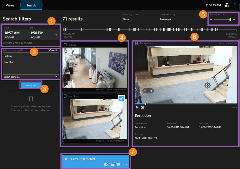 Scheda Cerca in XProtect Smart Client – Player. Le diverse aree, come pulsanti e viste, sono evidenziate e numerate.