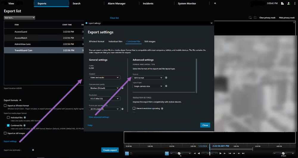 のエクスポート設定ウィンドウを開XProtect Smart Clientきます。ウィンドウには、エクスポート形式ごとにXProtect、形式、メディアプレーヤー形式、静止画像のタブがあります。