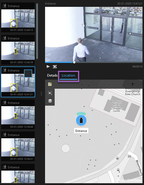 Localizar câmeras geograficamente durante a pesquisa em XProtect Smart Client.
