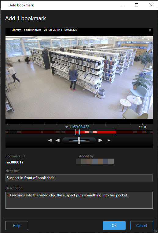 Janela de marcador individual em XProtect Smart Client.